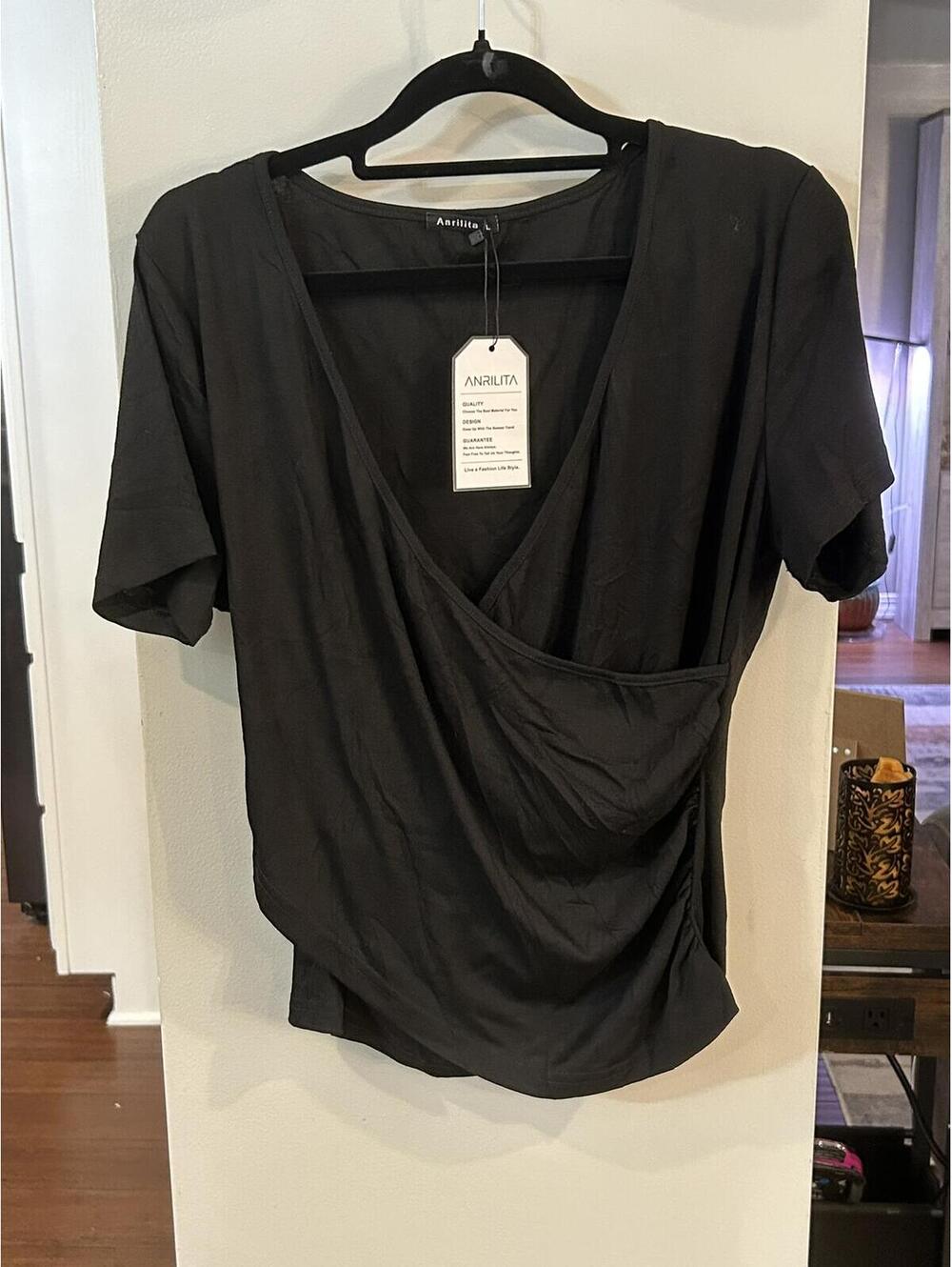 Anrilita Black V-Neck Short Sleeve Top Size L